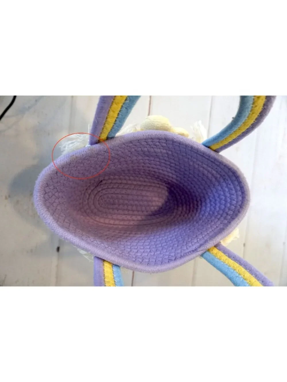 Handwoven Purple Round Bag With Floral Applique Handles